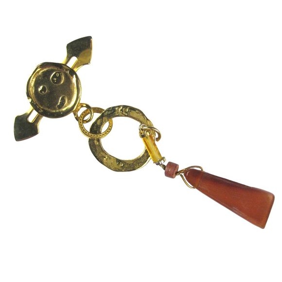 Dangle Brooch Vintage Pin Goldtone Round Hammered Modern Plastic Circle - Picture 1 of 4